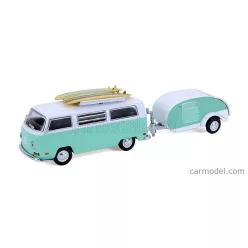   VOLKSWAGEN  T1 TYPE 2 MINIBUS WITH SURFBOARDS + TEARDROP TRAILER 1971  LIGHT GREEN WHITE