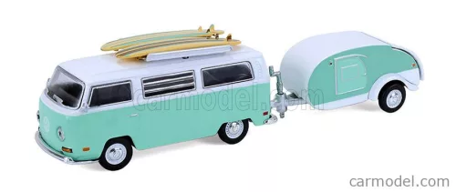 VOLKSWAGEN  T1 TYPE 2 MINIBUS WITH SURFBOARDS + TEARDROP TRAILER 1971  LIGHT GREEN WHITE