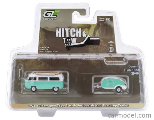 VOLKSWAGEN  T1 TYPE 2 MINIBUS WITH SURFBOARDS + TEARDROP TRAILER 1971  LIGHT GREEN WHITE