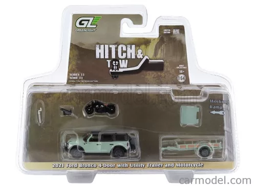 FORD USA  BRONCO BLACK DIAMOND WITH TRAILER + MOTORCYCLE 2021  LIGHT GREEN BLACK