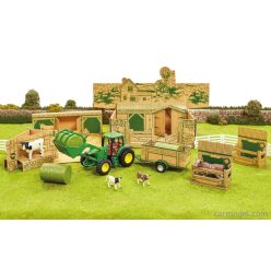   ACCESSORIES  DIORAMA FARM BUILDING WITH TRACTOR JOHN DEERE AND TRAILER  GREEN YELLOW