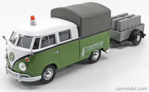VOLKSWAGEN  T1 TYPE 2 DOUBLE CABINE PICK-UP CLOSED ROAD SERVICE 1962 WITH TRAILER  GREEN WHITE GREY