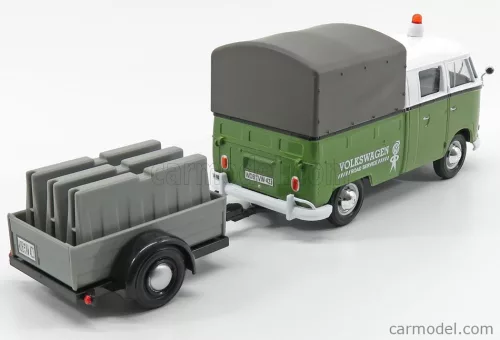 VOLKSWAGEN  T1 TYPE 2 DOUBLE CABINE PICK-UP CLOSED ROAD SERVICE 1962 WITH TRAILER  GREEN WHITE GREY