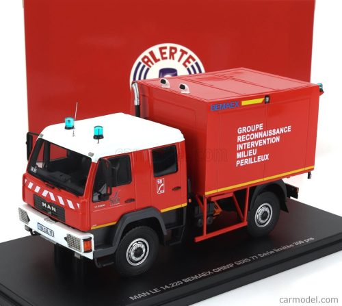 MAN  LE 14.220 TRUCK DOUBLE CABINE BEMAEX GRIMP SDIS 77 SAPEURS POMPIERS GROUPE RECONNAISSANCE INTERVENTION MILIEU PERILLEUX 2004  RED WHITE YELLOW