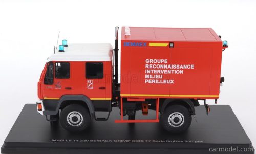 MAN  LE 14.220 TRUCK DOUBLE CABINE BEMAEX GRIMP SDIS 77 SAPEURS POMPIERS GROUPE RECONNAISSANCE INTERVENTION MILIEU PERILLEUX 2004  RED WHITE YELLOW