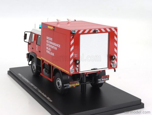 MAN  LE 14.220 TRUCK DOUBLE CABINE BEMAEX GRIMP SDIS 77 SAPEURS POMPIERS GROUPE RECONNAISSANCE INTERVENTION MILIEU PERILLEUX 2004  RED WHITE YELLOW