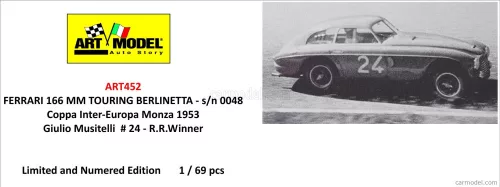 FERRARI 195S 2.3L V12 TOURING BERLINETTA N 24 WINNER COPPA INTER-EUROPA MONZA 1953 GIULIO MUSITELLI