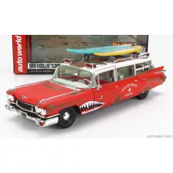   CADILLAC  ELDORADO AMBULANCE WITH SHARK GRAPHICS AN SURFBOARDS 1959  RED WHITE