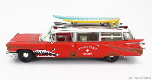 CADILLAC  ELDORADO AMBULANCE WITH SHARK GRAPHICS AN SURFBOARDS 1959  RED WHITE