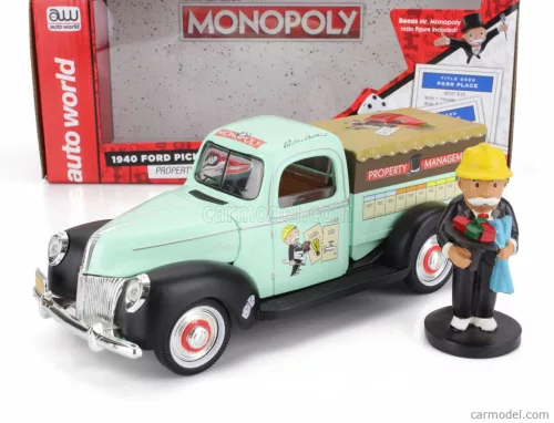 FORD USA  PICK-UP PROPERTY MANAGEMENT TRUCK WITH MONOPOLY FIGURE 1940  VERY LIGHT GREEN BLACK