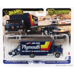   TRUCK  SAKURA SPRINTER CAR TRANSPORTER WITH PLYMOUTH CUDA N 42 RACING 1970  BLUE
