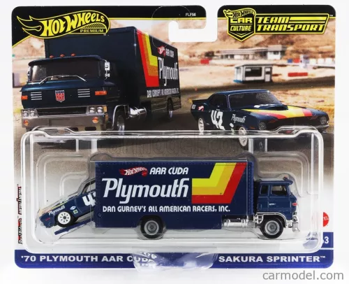 TRUCK  SAKURA SPRINTER CAR TRANSPORTER WITH PLYMOUTH CUDA N 42 RACING 1970  BLUE