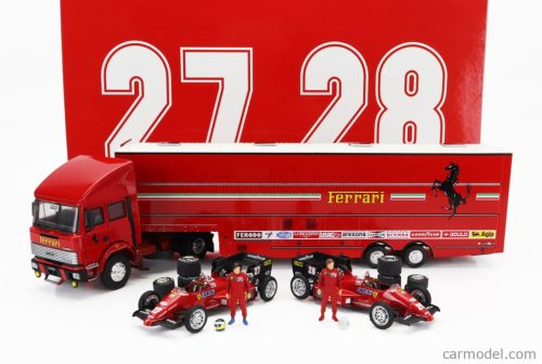 IVECO FIAT  FIAT IVECO 190 TRUCK CAR TRANSPORTER MONACO GP 1984 WITH 2X F1 FERRARI 126CK TURBO N 27 MICHELE ALBORETO - N 28 RENE ARNOUX + FIGURES AND ACCESSORIES  RED