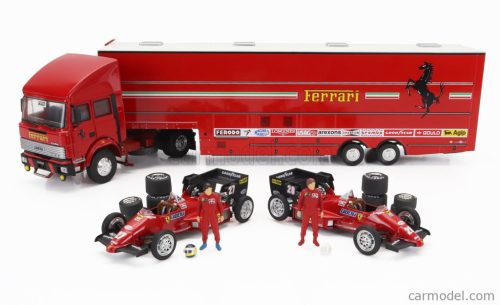 IVECO FIAT  FIAT IVECO 190 TRUCK CAR TRANSPORTER MONACO GP 1984 WITH 2X F1 FERRARI 126CK TURBO N 27 MICHELE ALBORETO - N 28 RENE ARNOUX + FIGURES AND ACCESSORIES  RED
