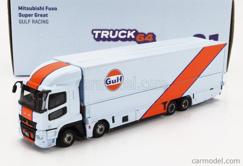MITSUBISHI  FUSO TRUCK CAR TRANSPORTER GULF RACING LIVERY 4-ASSI 2023 - CARS NOT INCLUDED  LIGHT BLUE ORANGE