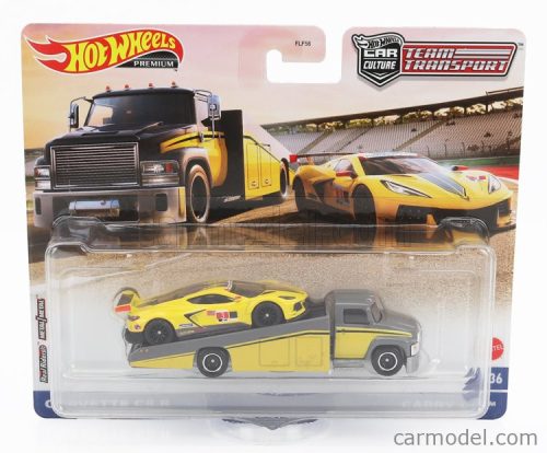 TRUCK  RAMP TRUCK CAR TRANSPORTER WITH CHEVROLET CORVETTE C8.R N 3 RACING 2021  YELLOW GREY