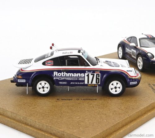 PORSCHE  SET 2X 911 953 ROTHMANS N 176 WINNER RALLY DAKAR 1984 RENE METGE - DOMINIQUE LEMOYNE + 911 992 N 953 ROUGHROADS RALLY DAKAR 2023  WHITE BLUE RED