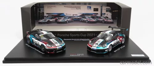 PORSCHE  SET 2X PORSCHE ZENTRUM MANNHEIM 718 CAYMAN GT4 CLUBSPORT TEAM 75 N 20 2021 - 911 991 GT3 CUP TEAM 75 N 21 COUPE 2021  BLACK WHITE BLUE RED