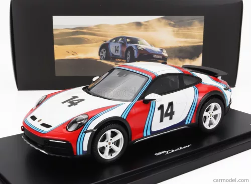 PORSCHE  911 992 COUPE MARTINI RACING LIVERY N 14 RALLY DAKAR 2023 - CON VETRINA - WITH SHOWCASE  WHITE BLUE RED