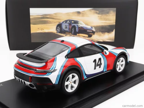 PORSCHE  911 992 COUPE MARTINI RACING LIVERY N 14 RALLY DAKAR 2023 - CON VETRINA - WITH SHOWCASE  WHITE BLUE RED