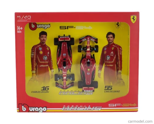 FERRARI  SET F1  2X SF-24 TEAM SCUDERIA FERRARI N 16 SEASON 2024 CHARLES LECLERC + N 55 CARLOS SAINZ  RED BLACK