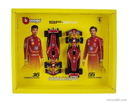 FERRARI  SET F1  2X SF-24 TEAM SCUDERIA FERRARI N 16 SEASON 2024 CHARLES LECLERC + N 55 CARLOS SAINZ  RED BLACK