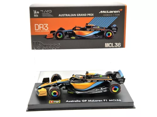 McLaren F1 MCL36 #3 (2022) Australian GP - Daniel Ricciardo - PILÓTÁVAL -  Bburago - 1:43