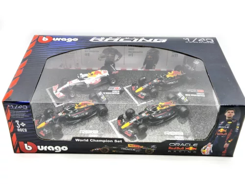 Red Bull F1 szett - 2023 RB19 Max Verstappen - 2023 RB19 Sergio Perez (Miami) - 2022 RB18 Max Verstappen - 2021 RB16B Max Verstappen (Turkish GP) -  Bburago -1:43