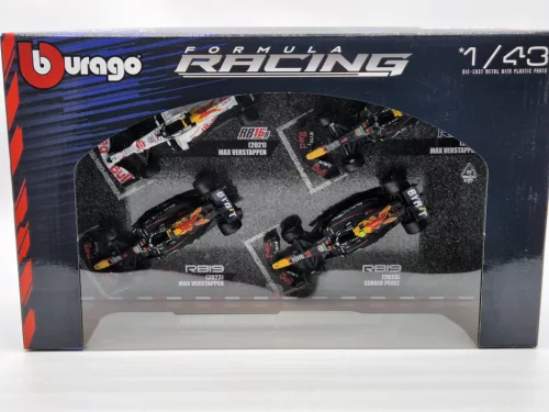 Red Bull F1 szett - 2023 RB19 Max Verstappen - 2023 RB19 Sergio Perez (Miami) - 2022 RB18 Max Verstappen - 2021 RB16B Max Verstappen (Turkish GP) -  Bburago -1:43