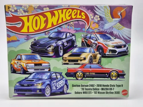 Hot Wheels Japan Theme - 6 darabos szett díszdobozban - Custom Datsun 240Z - 2018 Honda Civic Type R - 1970 Toyota Celica - Mazda RX-7 - Subaru WRX STi0 - 1982 Nissan Skyline R30 -  Hot Wheels - 1:64