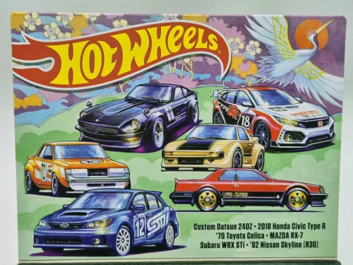 Hot Wheels Japan Theme - 6 darabos szett díszdobozban - Custom Datsun 240Z - 2018 Honda Civic Type R - 1970 Toyota Celica - Mazda RX-7 - Subaru WRX STi0 - 1982 Nissan Skyline R30 -  Hot Wheels - 1:64
