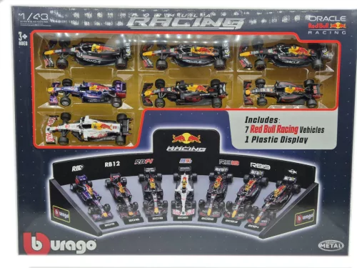 Red Bull F1 7 darabos szett - RB9 Sebastian Vettel (2013) - RB12 Daniel Ricciardo (2016) - RB14 Daniel Ricciardo (2018) - RB16B Sergio Perez (2021) - RB18 Max Verstappen (2022) - RB19 Max Verstappen (2023) - RB20 Sergio Perez (2024) -  Bburago - 1:43