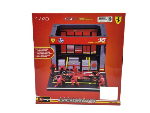 Ferrari Pit Stop - boxutca diorama szett - SF-24 F1 #16 (2024) - Charles Leclerc - szerelőkkel -  Bburago - 1:43