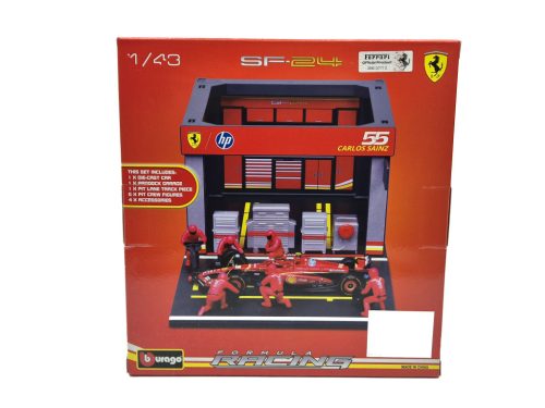 Ferrari Pit Stop - boxutca diorama szett - SF-24 F1 #55 (2024) - Carlos Sainz - szerelőkkel -  Bburago - 1:43