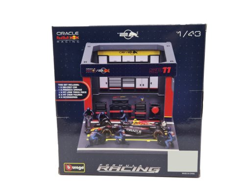 Red Bull Pit Stop - boxutca diorama szett - RB20 F1 #11 (2023) - Sergio Perez - szerelőkkel -  Bburago - 1:43