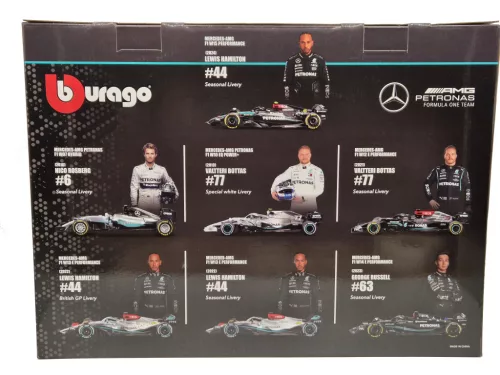 Mercedes F1 7 darabos szett - #6 Nico Rosberg (2016) - #77 Valtteri Bottas (2019) - #77 Valtteri Bottas (2021) - #44 Lewis Hamilton (2022) - #44 Lewis Hamilton (2022) - #63 George Russel (2023) - #44 Lewis Hamilton (2024) -  Bburago - 1:43