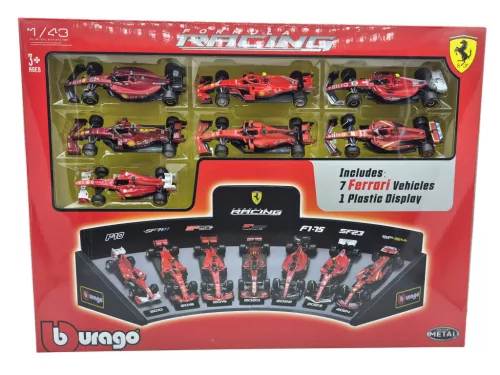 Ferrari F1 7 darabos szett - SF-24 Charles Leclerc (2024) - F10 Fernando Alonso (2010) - SF71H Kimi Raikkonen (2018) - SF90 Sebastian Vettel (2019) - SF1000 Sebastian Vettel (2020) - F1-75 Charles Leclerc (2022) - SF-23 Carlos Sainz (2023) -  Bburago