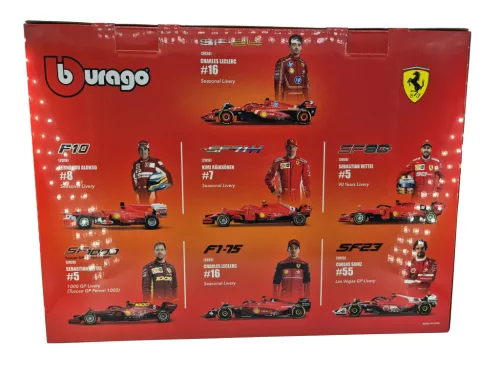 Ferrari F1 7 darabos szett - SF-24 Charles Leclerc (2024) - F10 Fernando Alonso (2010) - SF71H Kimi Raikkonen (2018) - SF90 Sebastian Vettel (2019) - SF1000 Sebastian Vettel (2020) - F1-75 Charles Leclerc (2022) - SF-23 Carlos Sainz (2023) -  Bburago